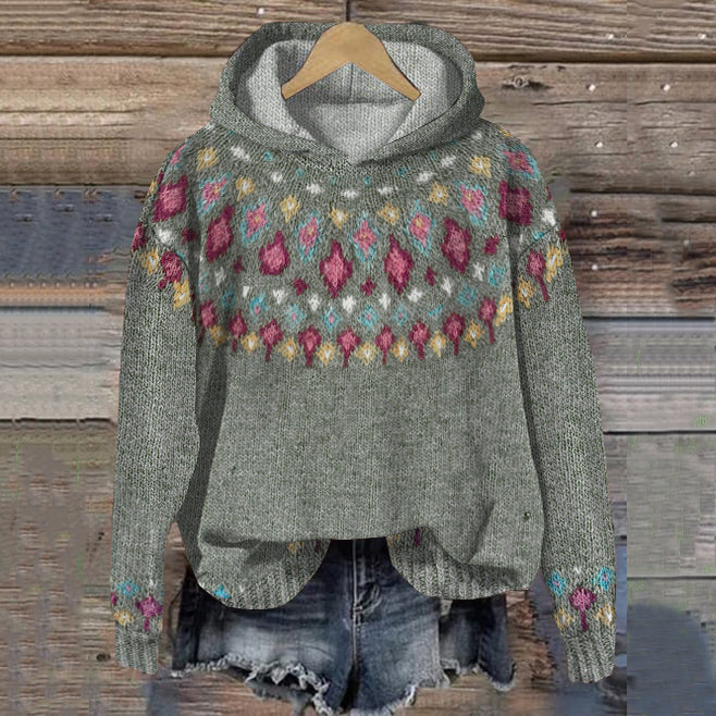 Nordic knit hoodie sweater in gray with multicolor floral yoke and trim