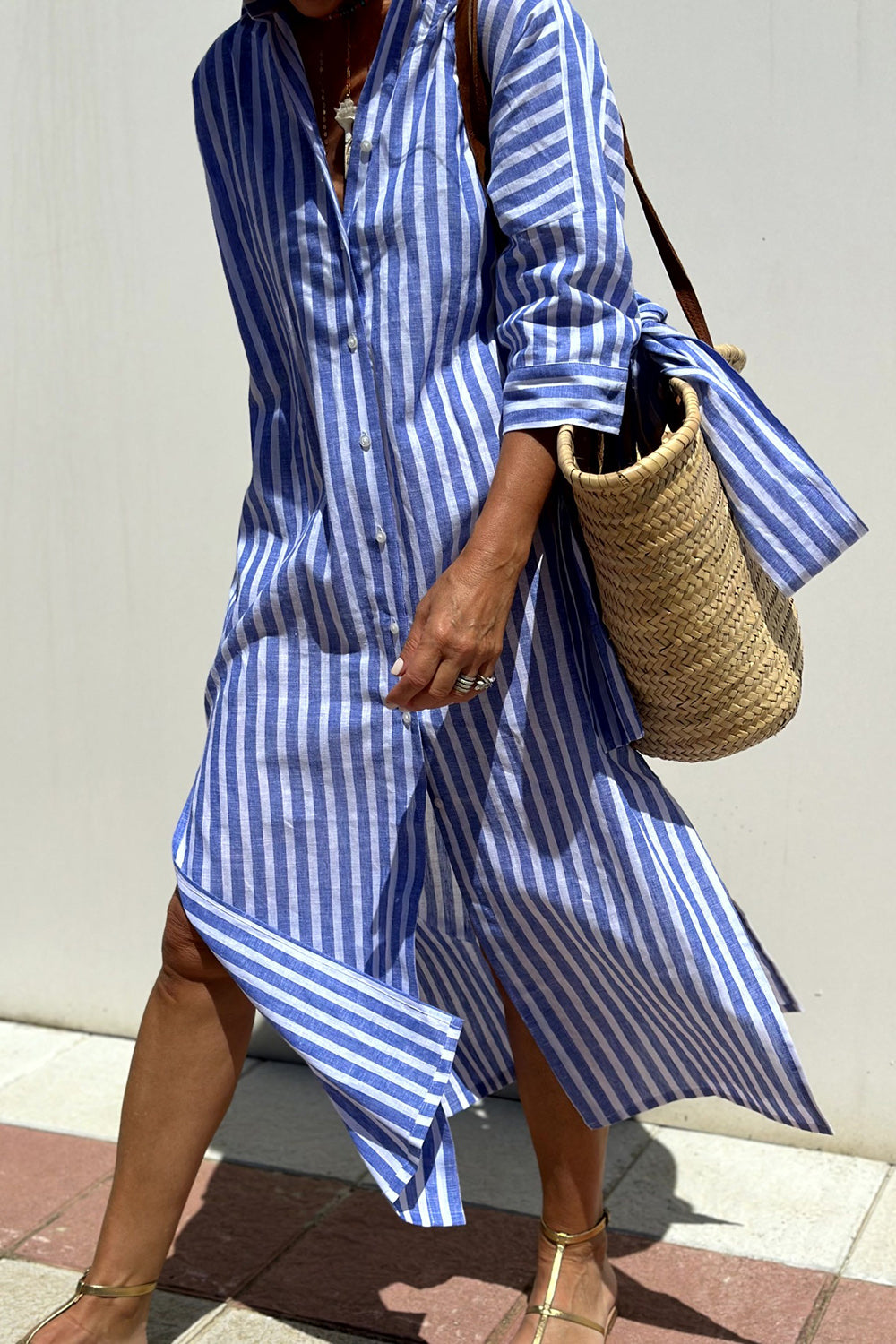 Blue striped button-front shirt midi dress with point collar and rolled sleeves