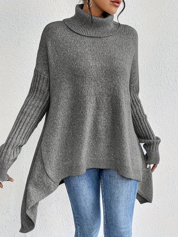 Oversized turtleneck sweater in dark grey knit, long sleeves with ribbed cuffs