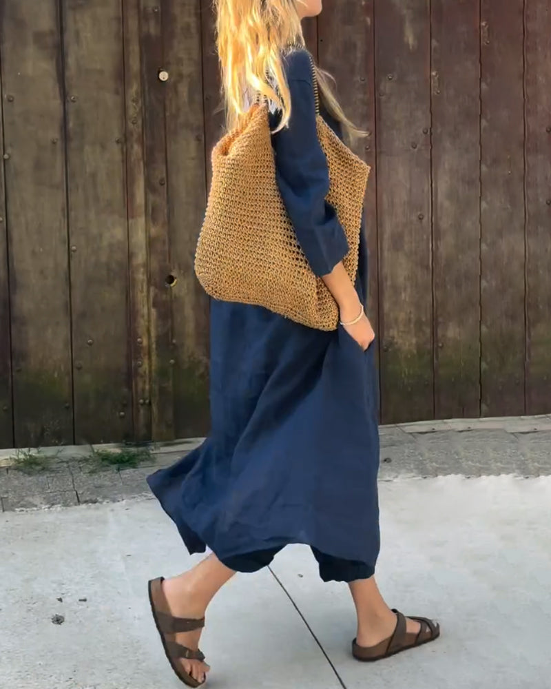 Navy tunic top and cropped wide-leg pants two-piece outfit
