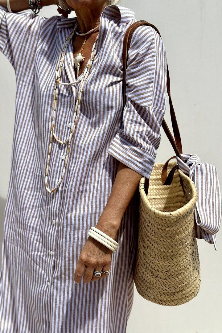 Neutral striped shirt midi dress with button placket, open collar, and belted waist