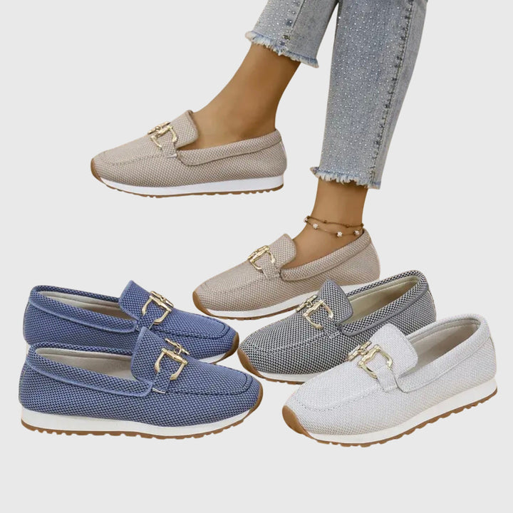 Chain-detail slip-on loafers in blue, beige, and white with gold buckle hardware