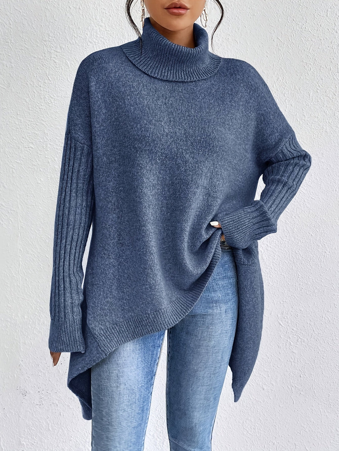 Sea blue oversized turtleneck sweater, ribbed turtleneck and cuffs, asymmetrical curved hem