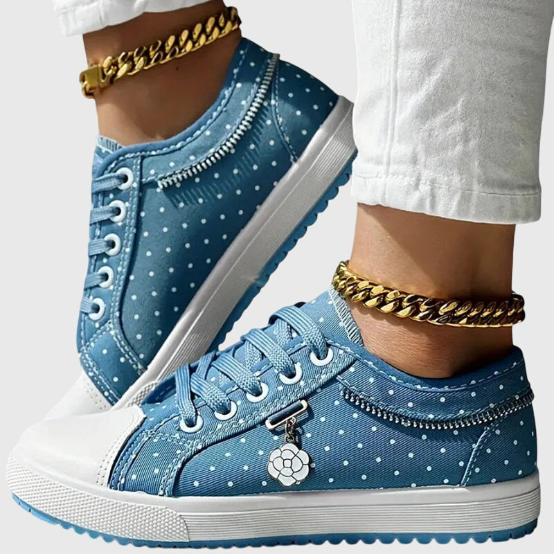 Light blue lace-up casual sneakers with white speckle dots, side zipper, and chunky sole