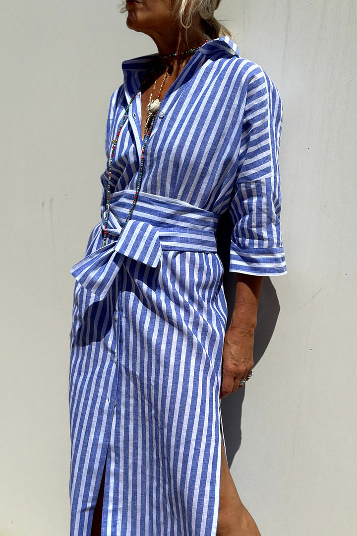 Blue striped shirt midi dress with tie-belt waist and button-front placket