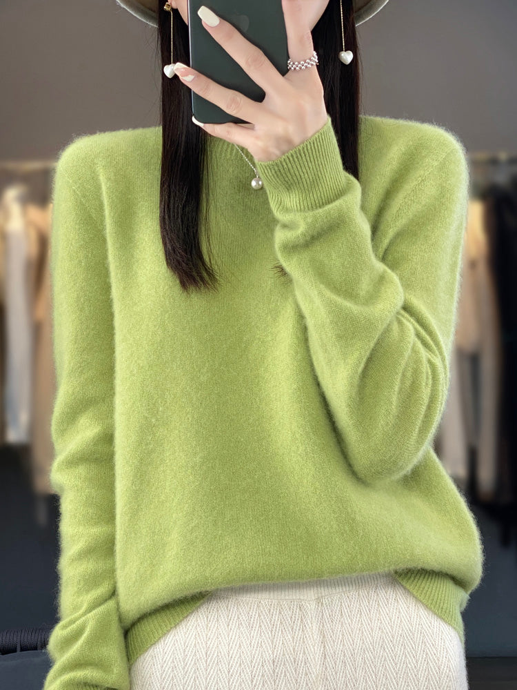 Soft knit pullover sweater in lime green with buttoned round neckline and long sleeves