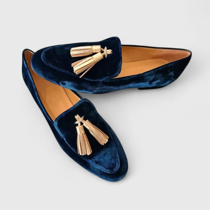 Velvet tassel loafers, dark blue with light gold tassel detailing