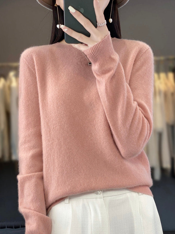 Blush pink soft knit pullover sweater with mock neck and buttoned collar, long sleeves