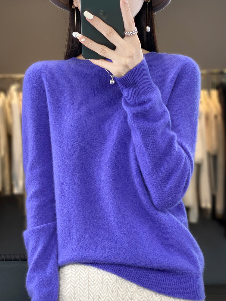 Purple soft knit pullover sweater with mock neck and buttoned collar, long sleeves