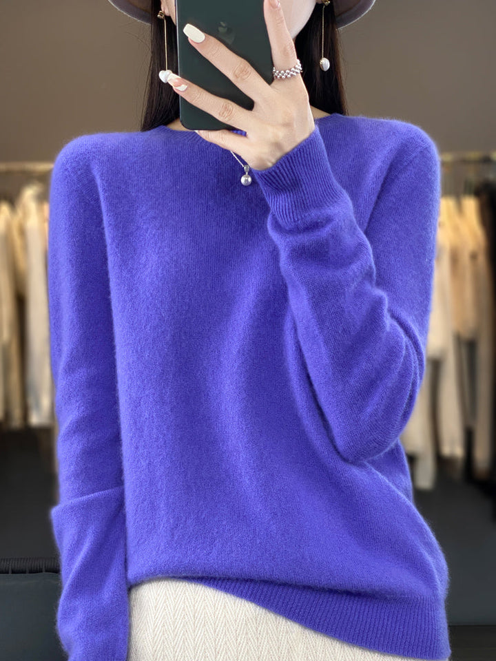 Purple soft knit pullover sweater with mock neck and buttoned collar, long sleeves