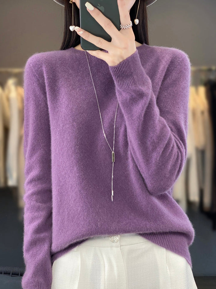 Lavender-purple soft knit pullover sweater with mock neck, buttoned collar, long sleeves