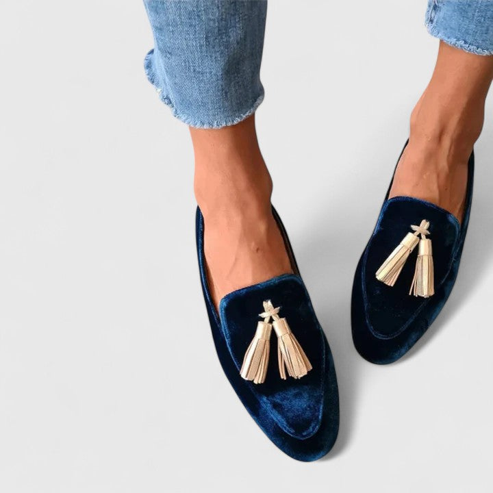 Velvet tassel loafers, dark blue with light gold tassel on vamp