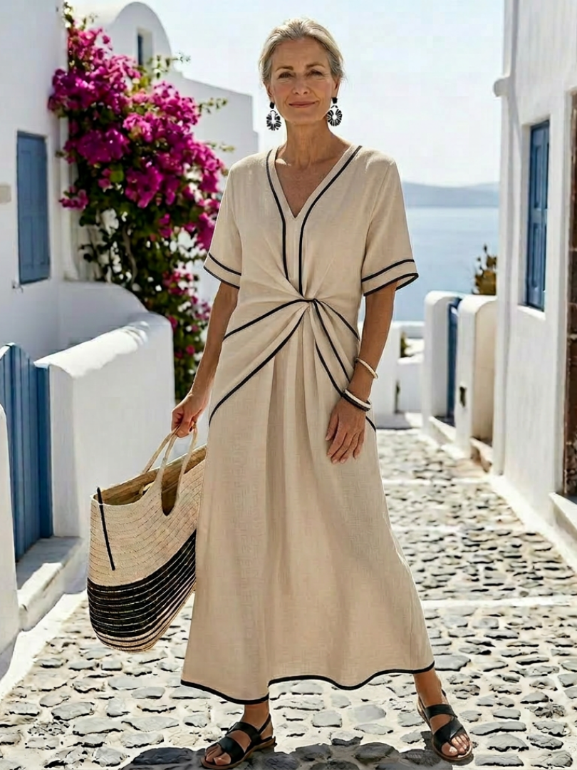 Beige V-neck short-sleeve midi dress with gathered waist and black trim