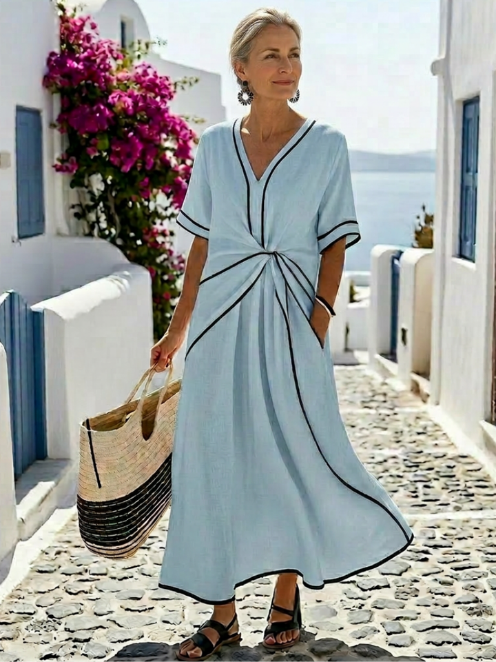 Sky blue V-neck short-sleeve midi dress with gathered waist and black trim