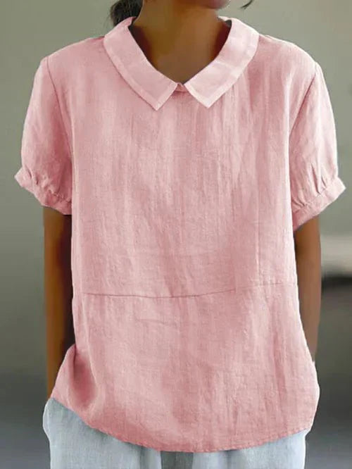 Lina soft-collar blouse, rose pink, short sleeves and pointed collar