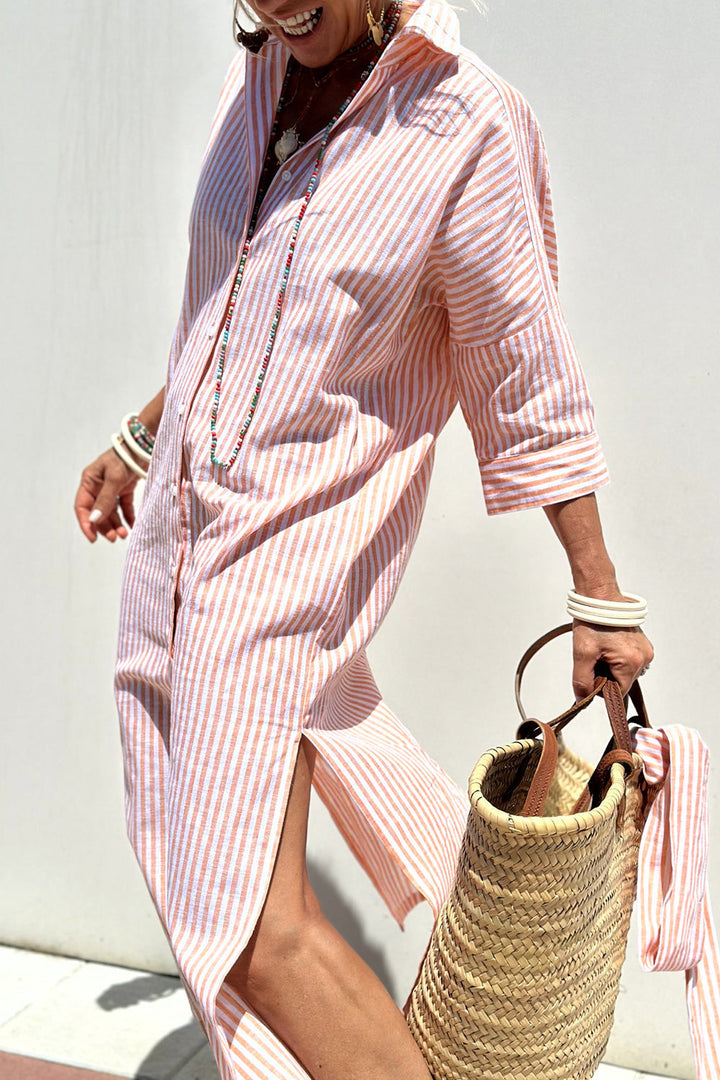 Pink striped shirt midi dress with button placket and rolled three-quarter sleeves