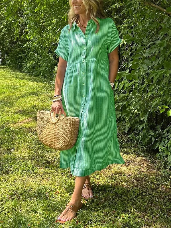Green striped maxi dress with button front, gathered waist, and short sleeves