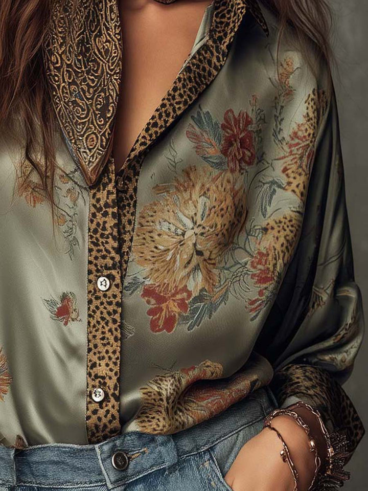 Women’s Satin Floral Shirt Leopard Trim