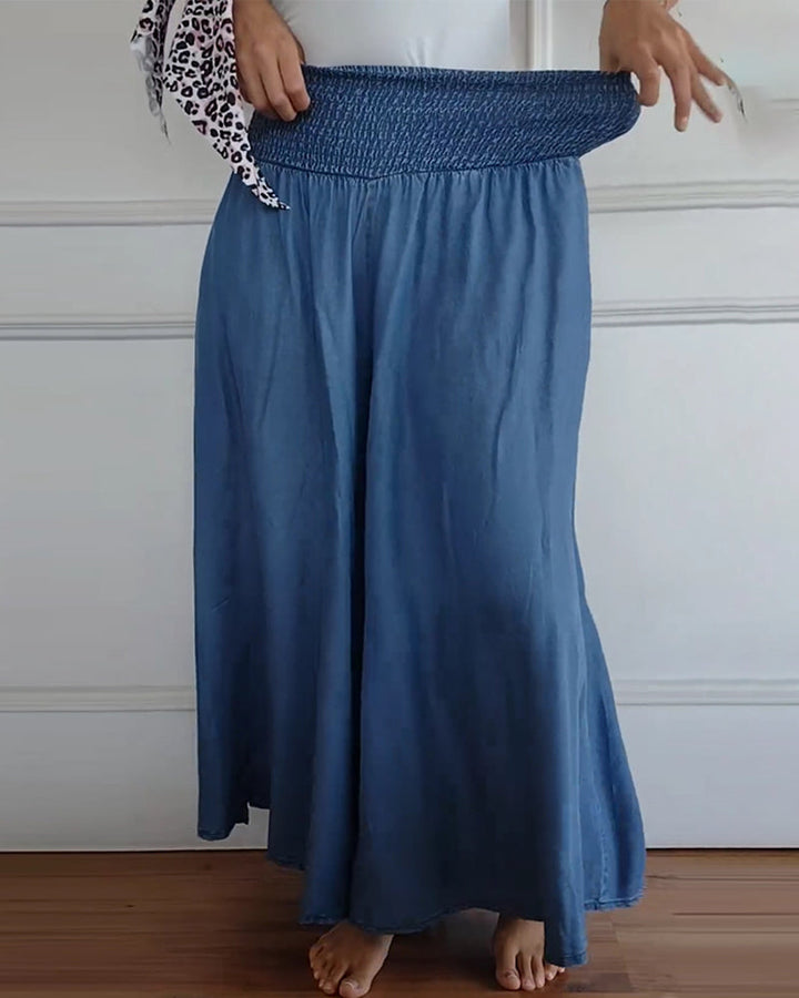 Blue wide-leg pants with smocked waistband, relaxed straight fall