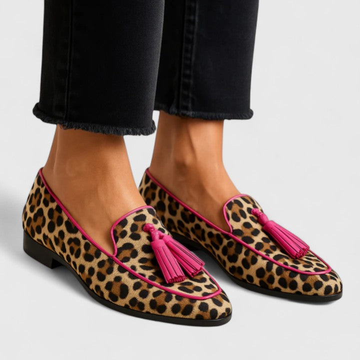 Leopard print tassel slip-on loafers with pink trim and tassel detail
