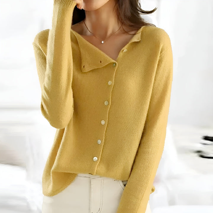 Yellow button-front knit sweater with V-neck and long sleeves, ribbed cuffs