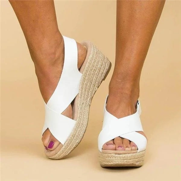 Orthopaedic espadrille wedge sandals, white slip-on with crisscross straps