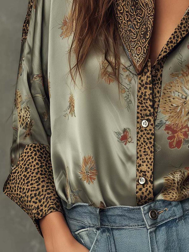 Women’s Satin Floral Shirt Leopard Trim