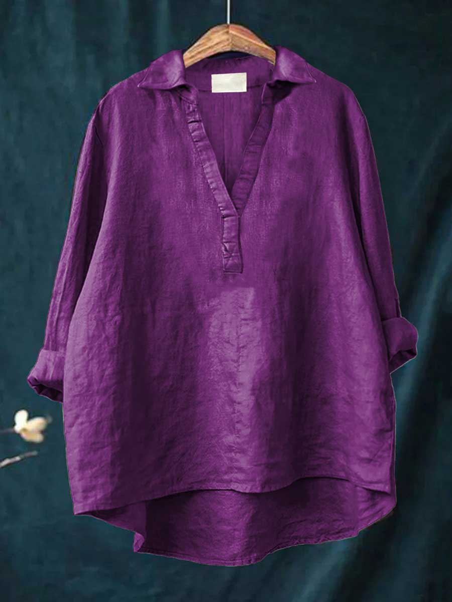 Purple linen blouse with V-neck and short button placket, relaxed fit