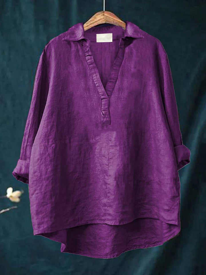 Purple linen blouse with V-neck and short button placket, relaxed fit