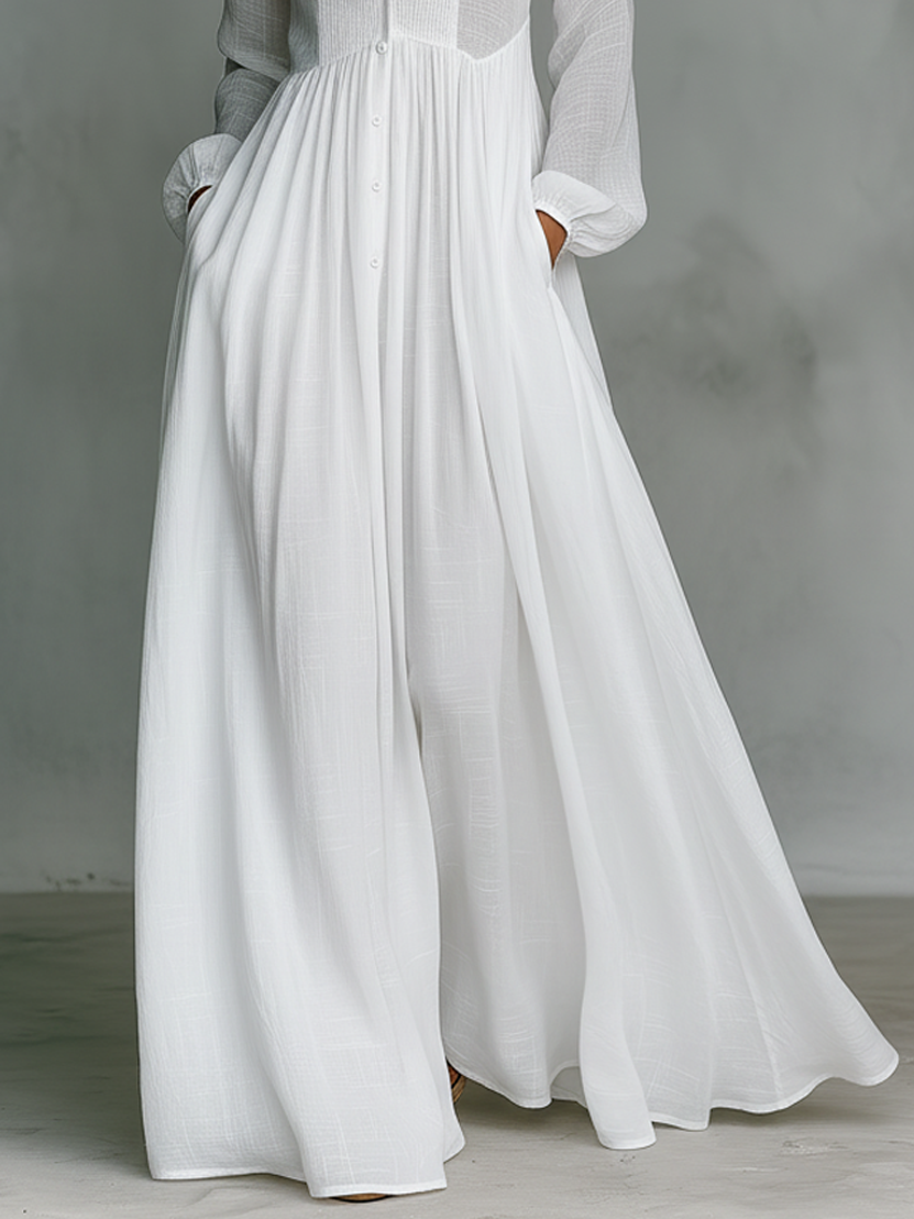 Women’s cotton-linen button maxi dress, gathered skirt, long length, white