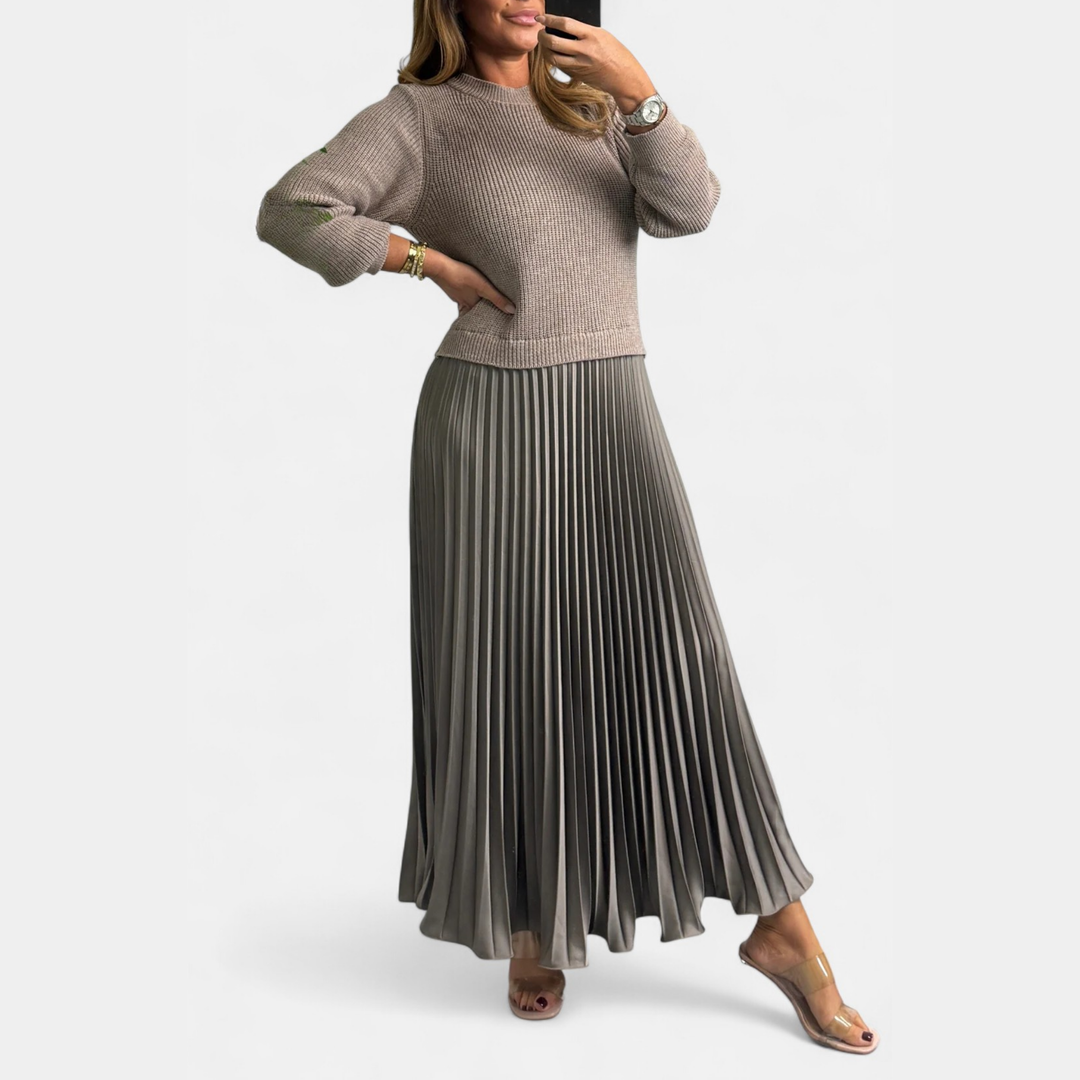 Sweater and pleated skirt set: taupe knit sweater with gray pleated midi skirt