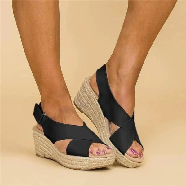 Orthopaedic espadrille wedge sandals, black crisscross straps and peep-toe