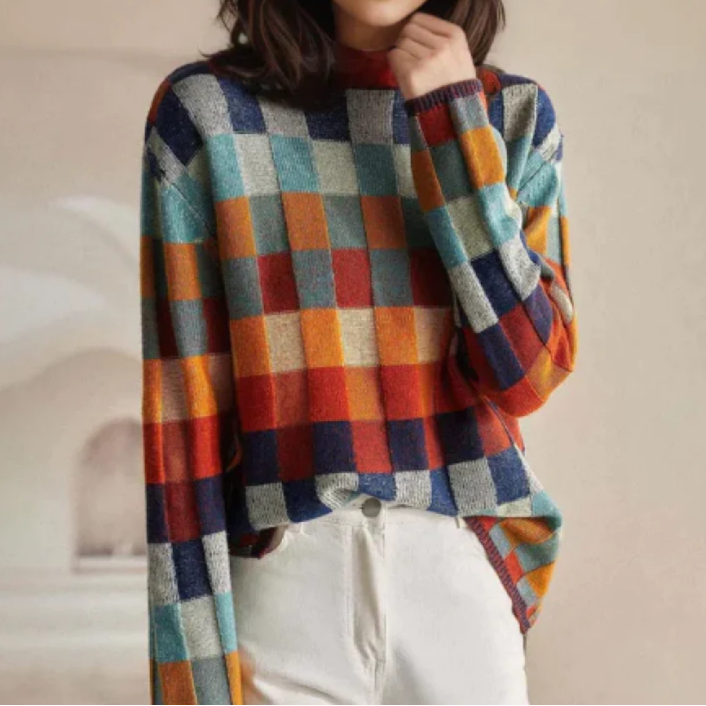 Colorblock checkered sweater with crew neck; multicolor square knit pattern