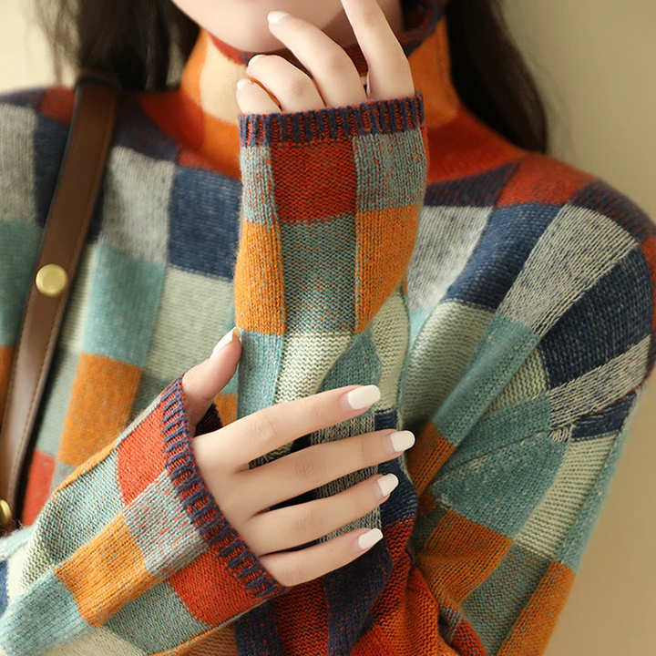 Multicolor checkered sweater sleeve with ribbed cuffs and textured knit