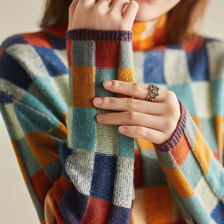 Ribbed knit sweater cuff with multicolor checkered pattern