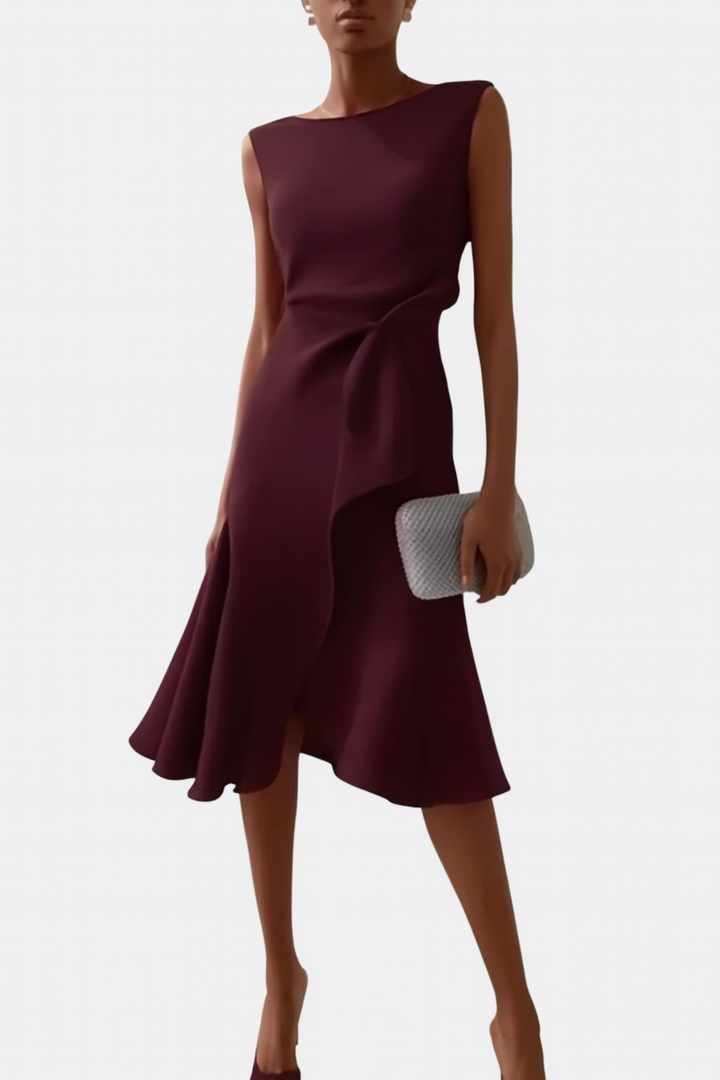 Plum asymmetric draped midi dress with side drape and flared skirt
