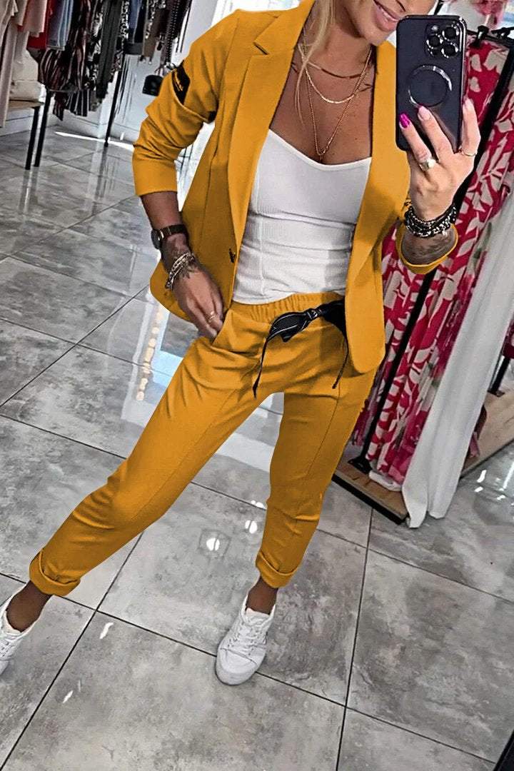 Mustard yellow casual blazer and matching trousers set, open front