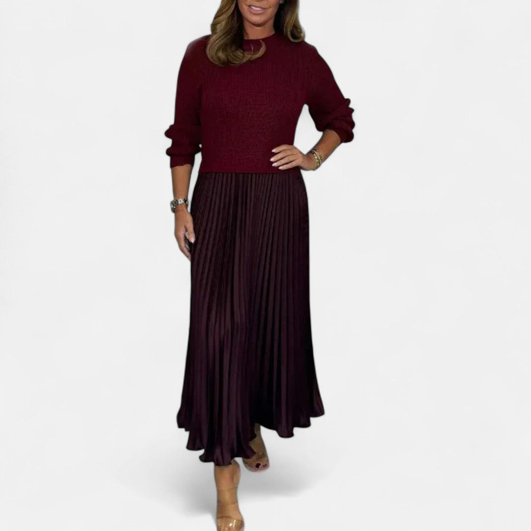 Sweater and pleated skirt set: burgundy knit sweater with dark burgundy pleated midi skirt