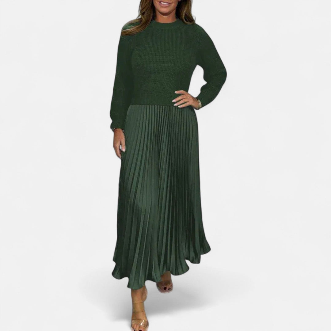Sweater and pleated skirt set: dark green knit sweater with deep green pleated midi skirt