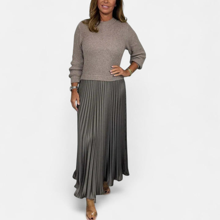 Sweater and pleated skirt set: taupe knit sweater with gray pleated midi skirt