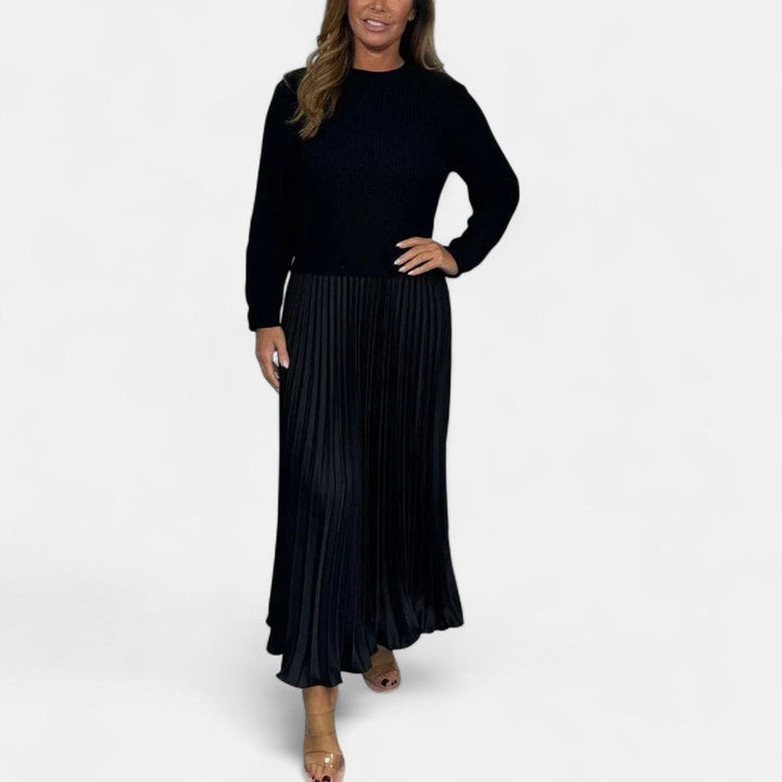 Sweater and pleated skirt set: black knit sweater with black pleated midi skirt