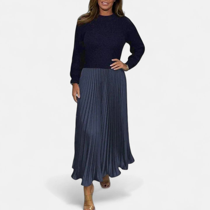 Sweater and pleated skirt set: navy knit sweater with dark navy pleated midi skirt