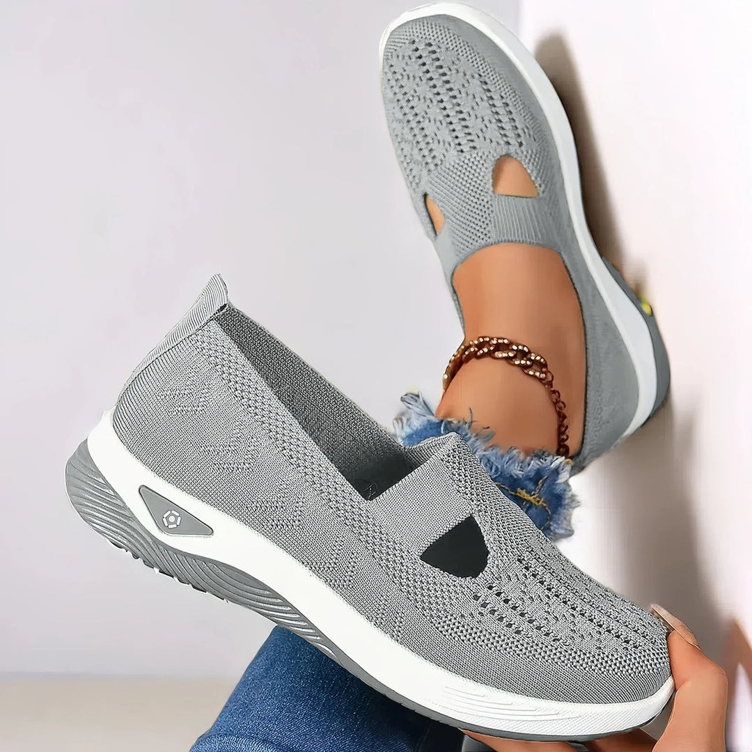Women’s non-slip mesh slip-on trainers in ash grey, side view