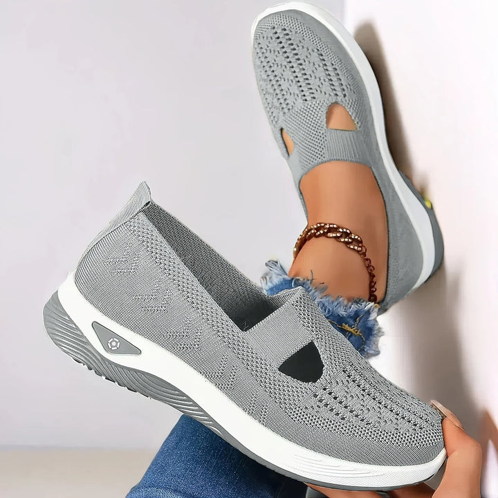 Women’s non-slip mesh slip-on trainers in ash grey, side view