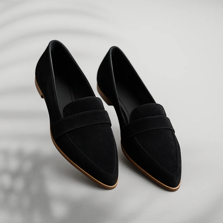 Black classic slip-on flats with wide strap and almond toe, low wooden sole