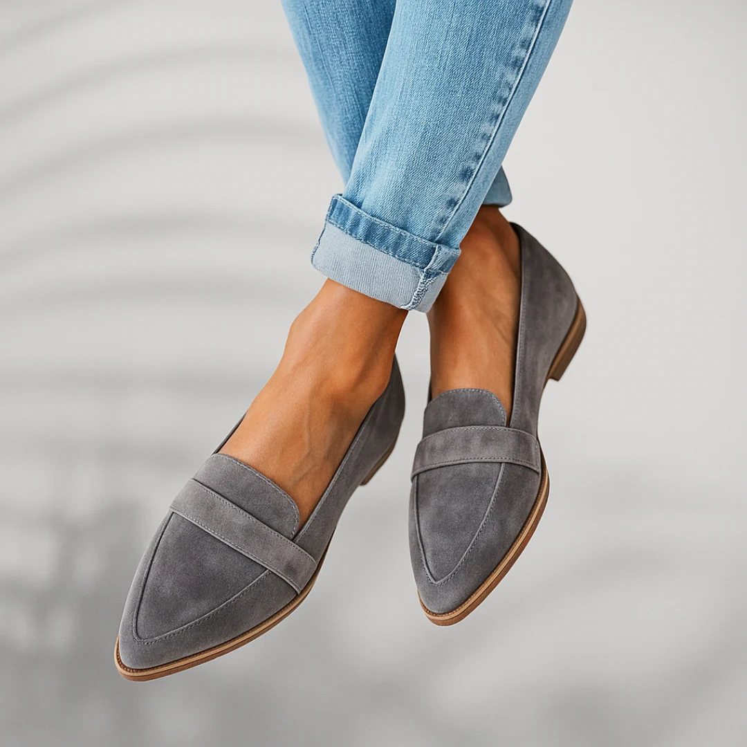 Gray classic slip-on flats with suede upper, wide strap, low wooden sole