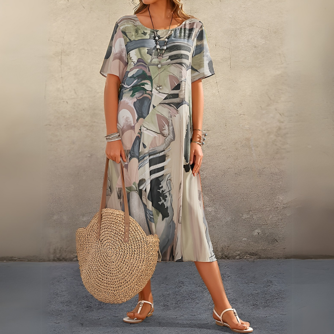 Floral midi dress with short sleeves, buttoned V-neck, abstract print on light fabric