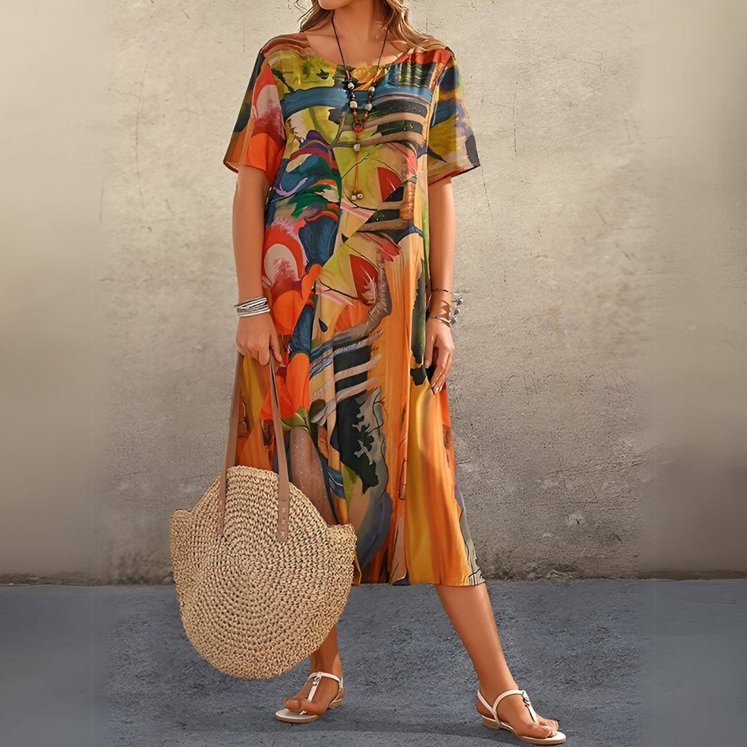 Floral midi dress with short sleeves, buttoned V-neck, abstract print on orange fabric