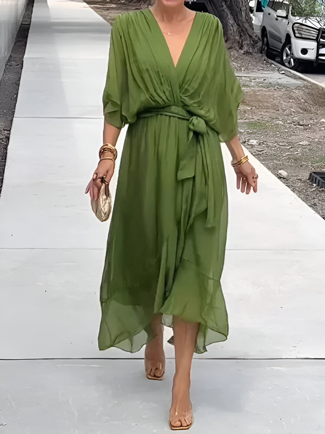 Olive green chiffon V-neck dress with gathered waist tie and flowy mid-calf skirt