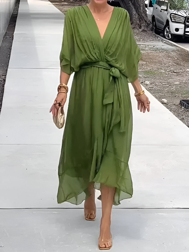 Olive green chiffon V-neck dress with gathered waist tie and flowy mid-calf skirt